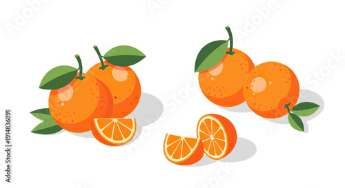 Fresh Oranges with Green Leaves and Slices on a White Background.