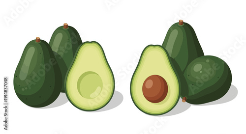 Fresh whole and halved avocados with pits, healthy green fruit.