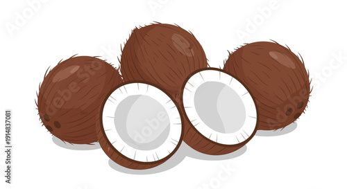 Fresh whole and halved coconuts with white flesh and brown shells.