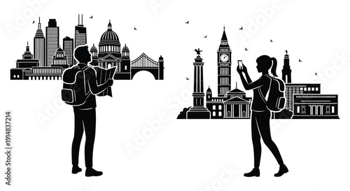 Two tourists with backpacks navigate a city skyline featuring iconic landmarks on transparent background silhouette high quality professional detailed modern elegant