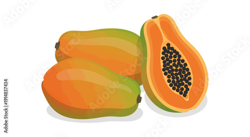 Vibrant and juicy papayas, whole and halved, showcasing their tropical appeal and rich orange flesh.
