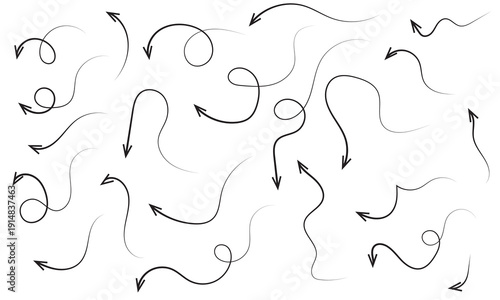 Set of Hand Drawn Directional Arrows Icons. Collection of black sketch arrows in various curved and straight shapes isolated on white background for navigation design graphic projects.

