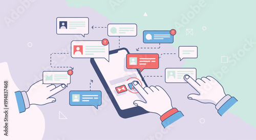 Hands with tablet and floating message bubbles