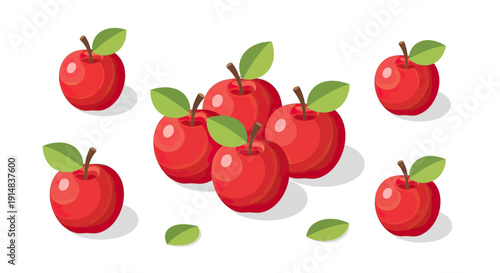 Vibrant red apples with green leaves scattered on a clean white background.