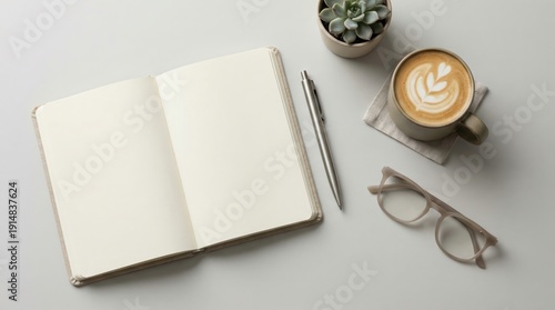 A notebook is open on a table with a pen and a cup of coffee