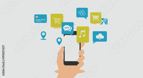 Hand Holding Smartphone with Floating Social and Location Icons