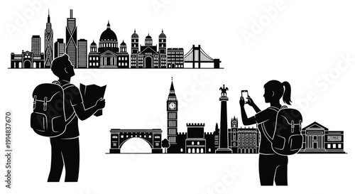 A black silhouette of tourists photographing iconic london landmarks on transparent background silhouette high quality professional detailed modern elegant stylish clean
