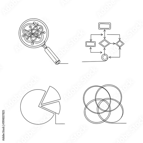 A line drawing of a magnifying glass examining a pie chart, conveying analysis, scrutiny, and data-driven decision-making for marketing or business pr
