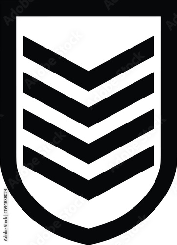Black military rank insignia icon featuring four chevrons inside a shield frame isolated on white background for sergeant or officer army branding