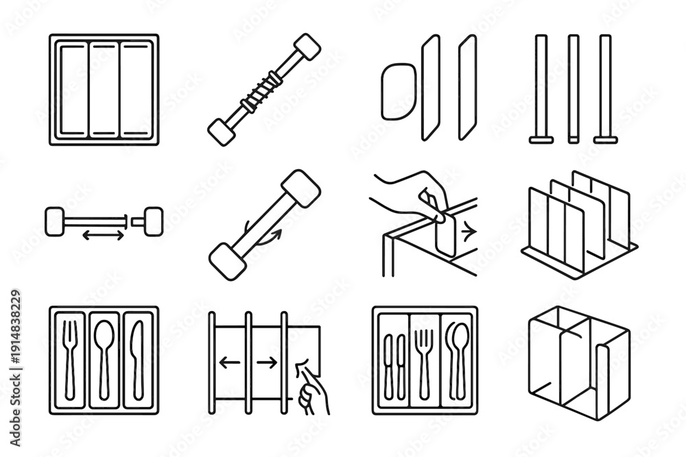Fototapeta premium Length drawer divider icon contact adjustable separators lightweight tension vector icons set