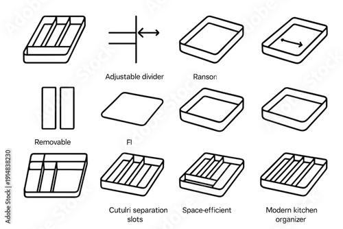 Removable partition cutlery interior icons flat organizer drawer vector icon layout rounded