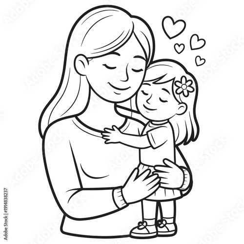 A mother and her daughter sharing a loving embrace with hearts floating around them.