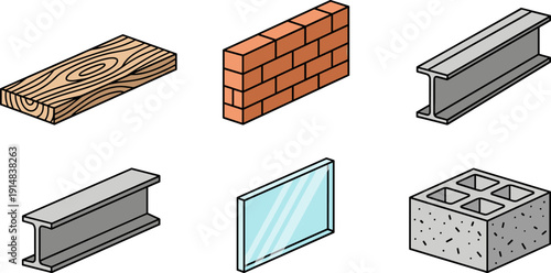 Isometric Construction Materials Vector Set, 3D Flat Illustration of Steel, Brick, and Wood