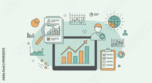 Business analytics dashboard with charts and clipboard on laptop