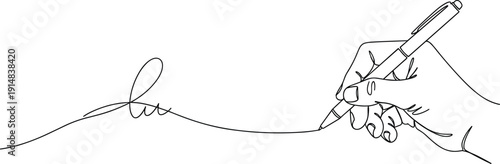 Continuous line drawing of a human hand holding a pen and writing a signature for business contracts, legal agreements, and creative storytelling concepts.