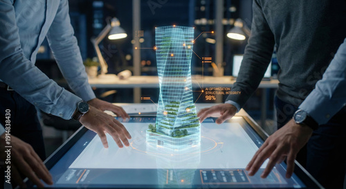 Engineers and architects collaborating on 3D building model using holographic augmented reality on interactive table