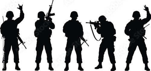 Black and white silhouette group of armed soldiers and military personnel standing with rifles and making hand gestures for war and combat concepts.