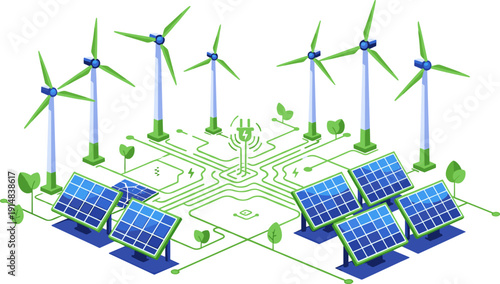 Isometric Illustration of Renewable Energy Smart Grid with Wind Turbines and Solar Panels