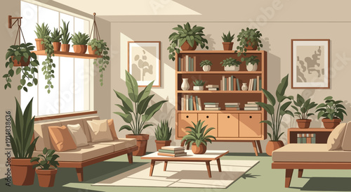 Cozy living room filled with abundant houseplants and natural light, creating a serene and inviting atmosphere for relaxation