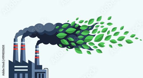 Industrial pollution transforms into green leaves, symbolizing environmental sustainability, eco-friendly initiatives, and a cleaner future