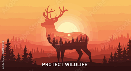 Stunning flat design illustration of a majestic deer silhouette encompassing a vibrant forest scene, symbolizing the urgent call for wildlife conservation