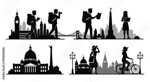 A black silhouette of tourists with landmarks showcasing global travel and cityscapes on transparent background high quality professional detailed modern elegant