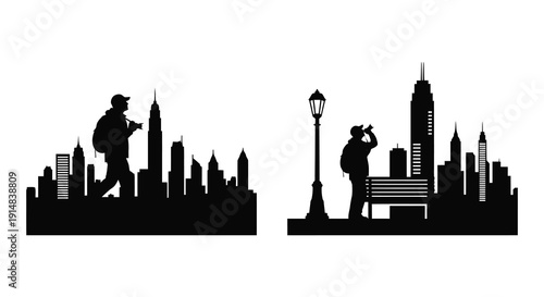 A black silhouette of people taking photos in front of a city skyline on transparent background high quality professional detailed modern