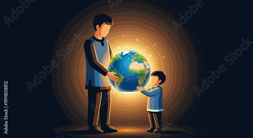 A father and child cradling a radiant Earth, embodying shared responsibility and the hopeful future of our precious planet