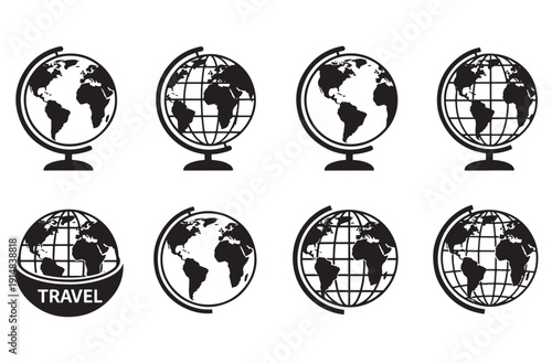 Collection of eight black globe icons, showcasing earth models with various grid lines and base styles, isolated on a transparent background, representing travel and world themes