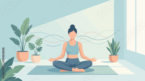 Serene woman meditating in a tranquil room surrounded by houseplants, embracing inner peace and well-being