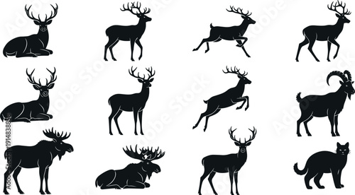 Animal silhouettes illustration, deer elk moose vector, antlered wildlife artwork, mountain goat design, domestic cat graphic, forest nature art, minimal style