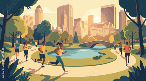 Diverse people enjoying a morning run through a vibrant city park with a scenic skyline backdrop and tranquil pond