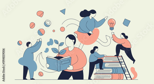 People engaging with books and ideas in collaborative learning scene