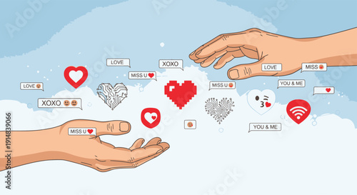 Hands Surrounding Floating Hearts and Message Tags in Sky