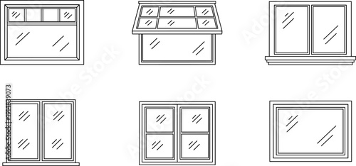 Modern House Window Selection Icon Set, Various Glass Frames and Panes Flat Line Art Vector