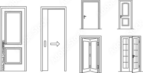 Modern Interior Door Selection Icon Set, Wooden Entrance and Folding Door Flat Line Art Vector