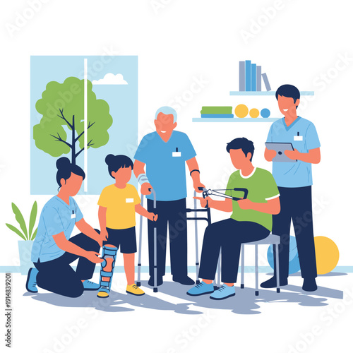 Medical rehabilitation session with patient and healthcare team