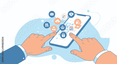 Hands touch tablet with diverse digital icons for mobile security and connectivity