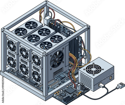 Professional Cryptocurrency Mining Rig with Multiple GPUs and Cooling Fans, Isometric Illustration