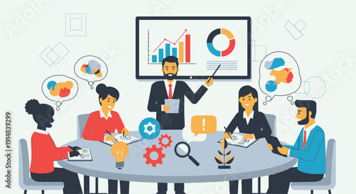 Business team meeting presenting data analysis and charts in conference room