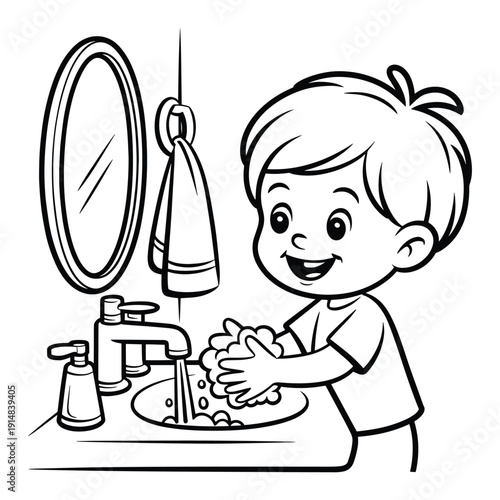 Young boy happily washing hands with abundant soap suds in a bathroom sink.