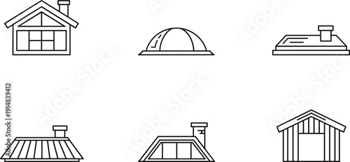 Roof Types and House Top Construction Icon Set - Minimalist Flat Black Line Art