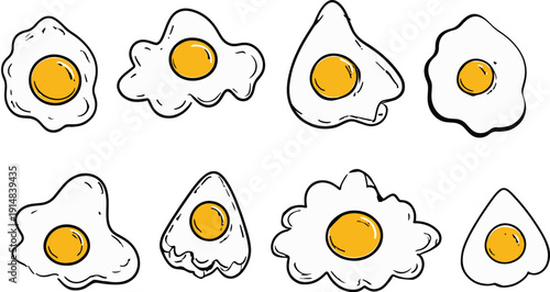 Fried eggs in various shapes arranged on a white background for a creative cooking concept