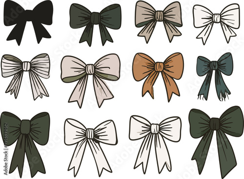 Various designs of bows displayed in a grid format on a plain background showing different colors and styles for decoration