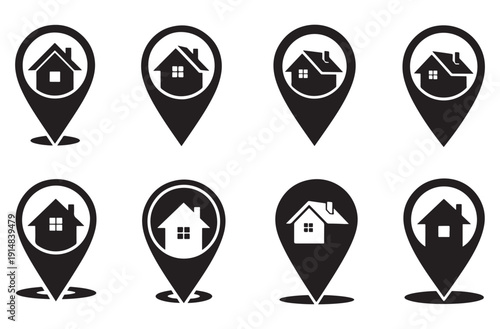 Collection of eight black home location pin icons featuring various house designs within map markers, isolated on a transparent background for navigation and real estate themes