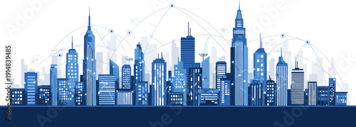 Smart City Skyline Illustration with Digital Network Connections and Blue Silhouette Skyscrapers