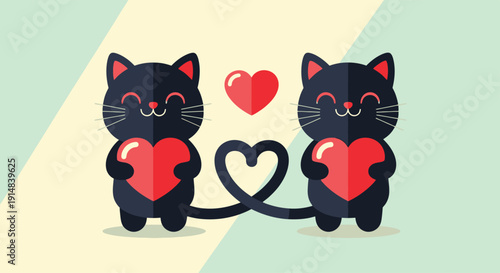 Two Black Cats Sharing Red Hearts and Connected by Heart-Shaped Tail