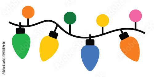 Colorful string of festive Christmas lights on a white background, isolated.