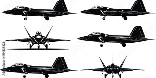 Black silhouette vector illustration of a modern stealth fighter jet shown from multiple angles including side profile, front view, and rear perspective on white.