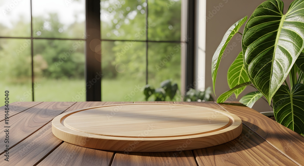 Fototapeta premium A round wooden serving tray on a wooden table near a window with a green plant beside it indoors during the daytime from a frontal viewpoint